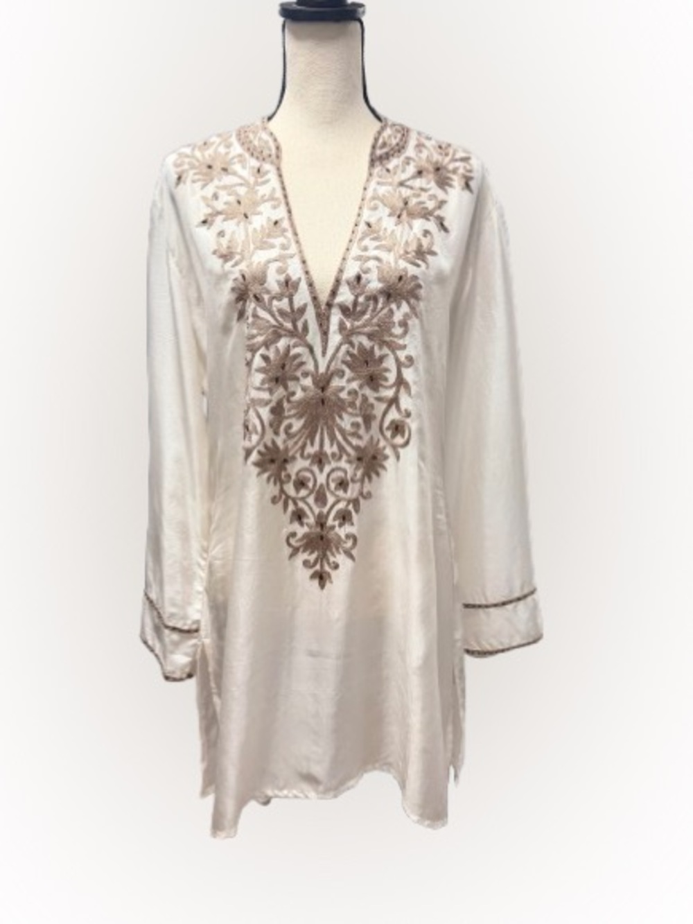 Loyd/Ford 100% Silk Embroidered Tunic Blouse Ivory Brown Boho Size 4